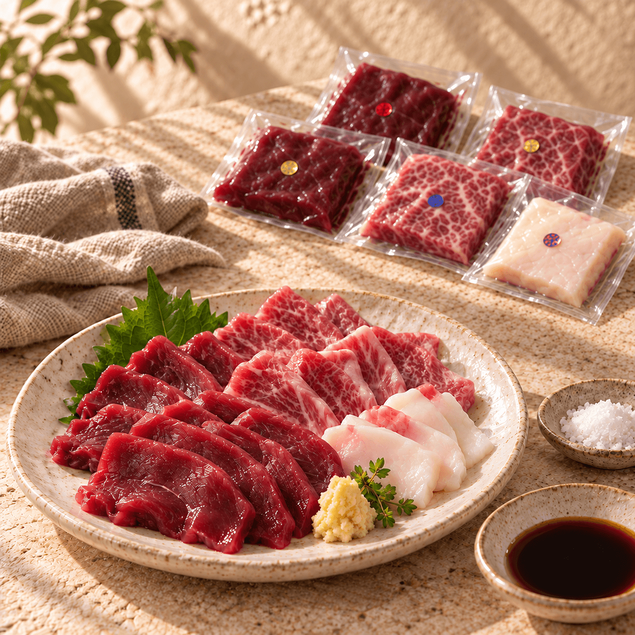 馬刺しの盛り合わせと、その奥に並べた赤身・霜降り・脂身の真空包装パッケージ